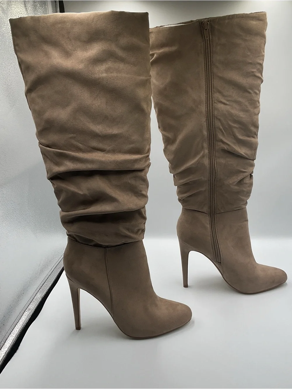 Ruched Faux Suede Knee High Slouched Boots Tan Beige Stiletto High Heel SZ 8.5